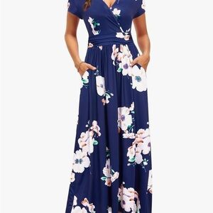 Blue and Pink V-Neck Flutter Sleeve Maxi Dress